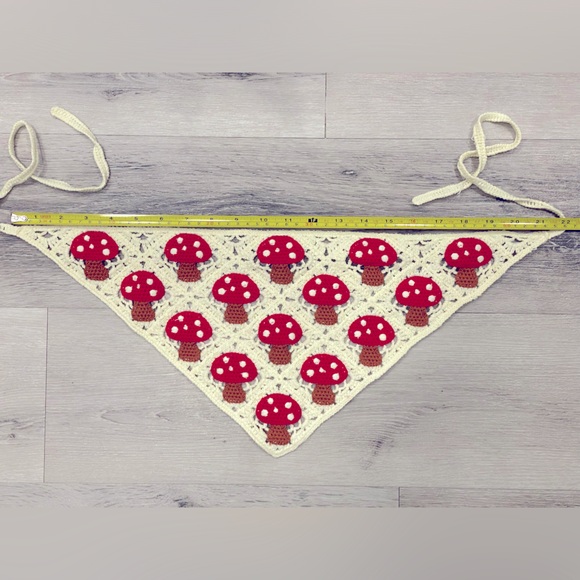 Handmade Crochet Cream & Red Mushroom Toadstool Bandana Headscarf Accessory - Picture 5 of 6